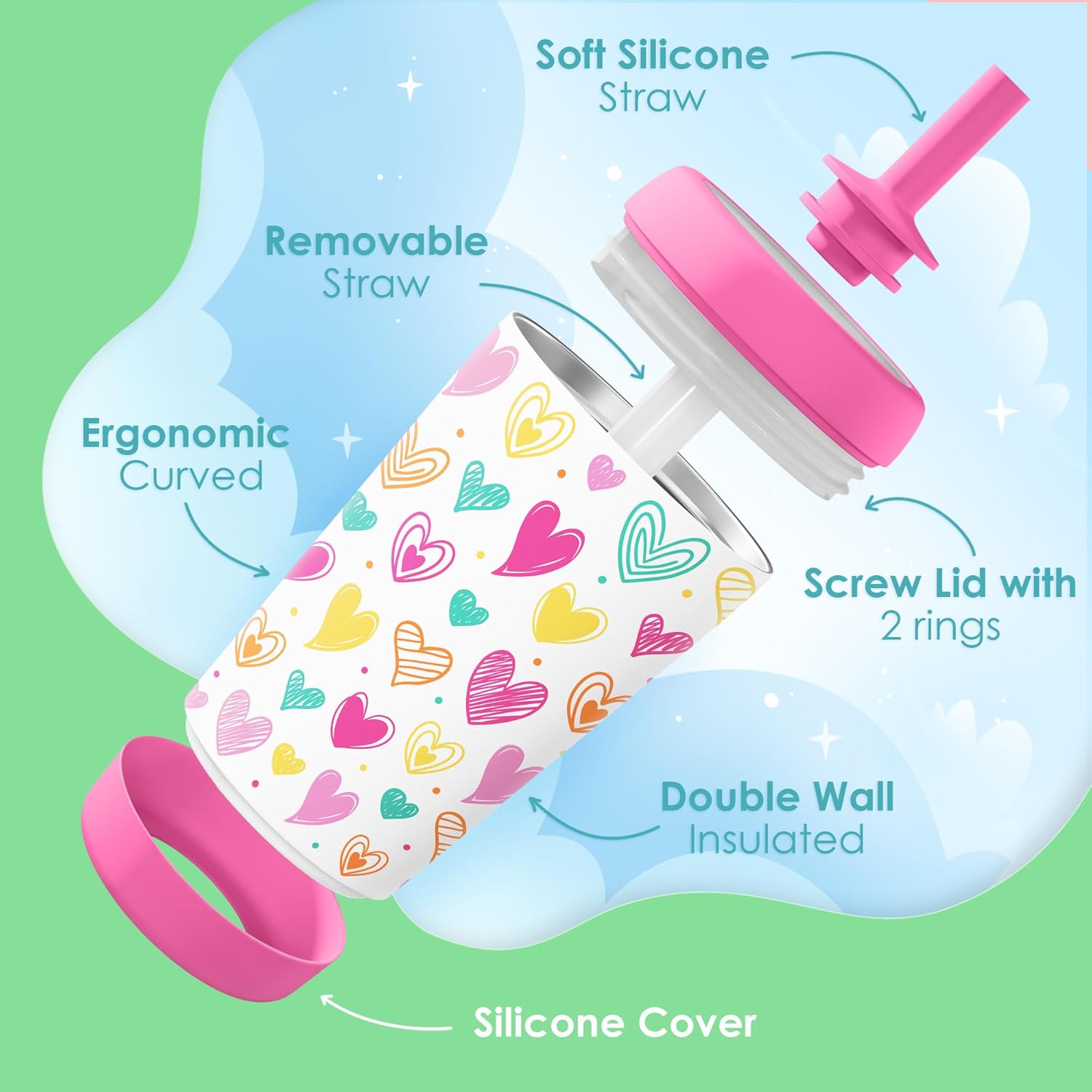 Kid Insulated Stainless Steel Tumbler with Silicone Straw, 12oz Sippy Cup for Kids (Playful Hearts) - Image 3