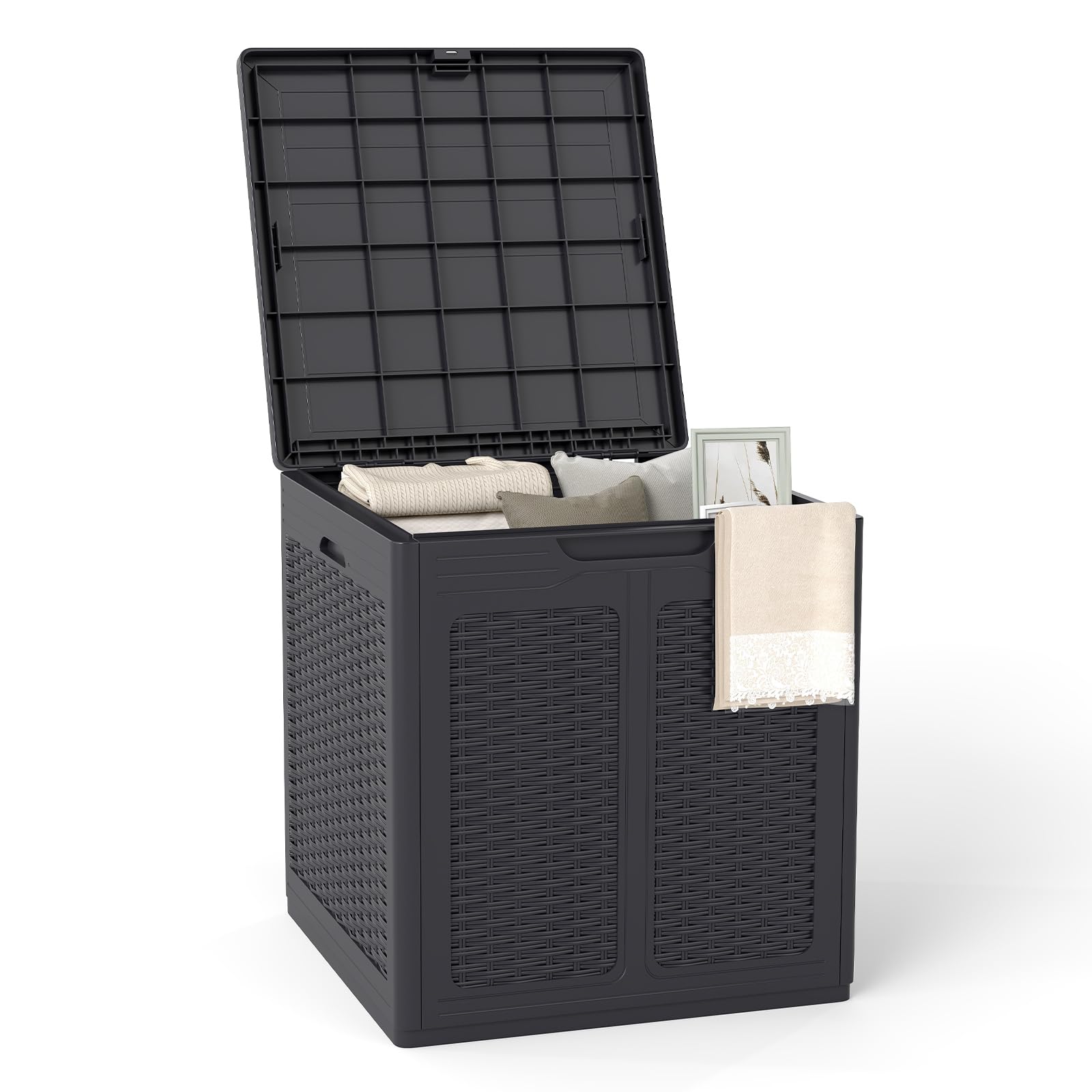 COSTWAY Garden Storage Box, Waterproof Plastic Deck Box with Handles & Lockable Lid, Outdoor Storage Bin Furniture Organizer for Cushion Tool Toy (Rattan Pattern, 56 x 56 x 60.5cm, Brown)