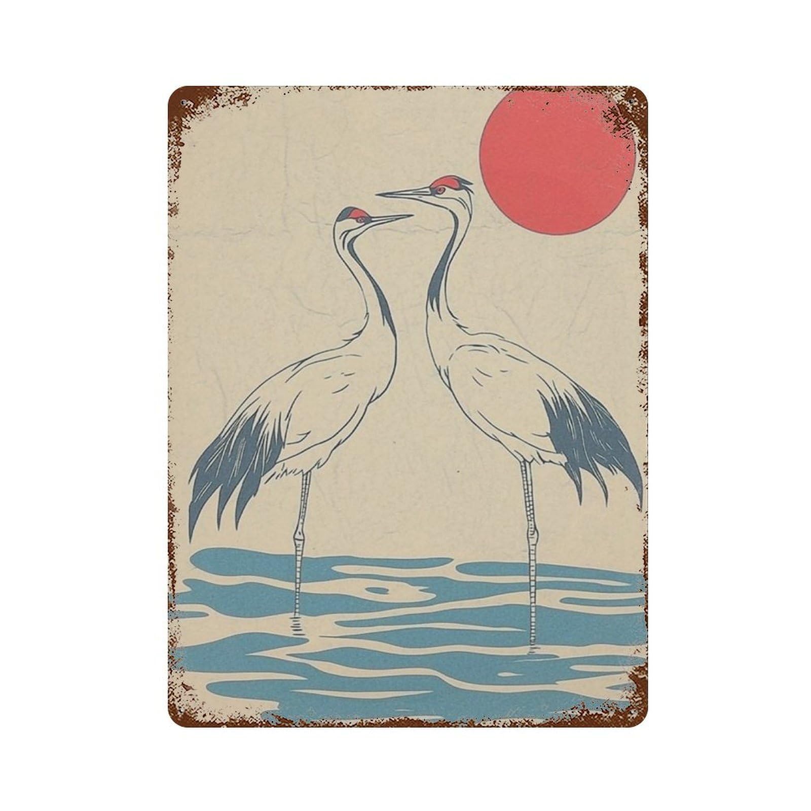 xiaoxiaoshen Japanese Crane Minimal Bird Red Sun Asian Nature Work Zen Wildlife Wall Decor Art Metal Tin Poster Modern Home Decor Art Home Bar Shop Decorations Vintage Sign 40x30cm