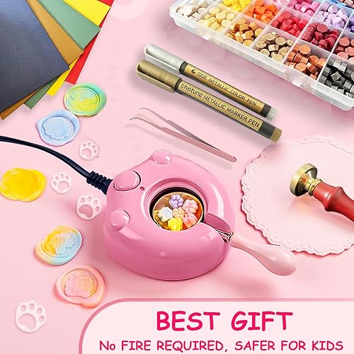 Miniatura 2 de MONVICT Kit de sellos eléctricos de cera con caja de regalo rosa, calentador de sello de cera, 624 cuentas de sello de cera, sello de cera, cuchara