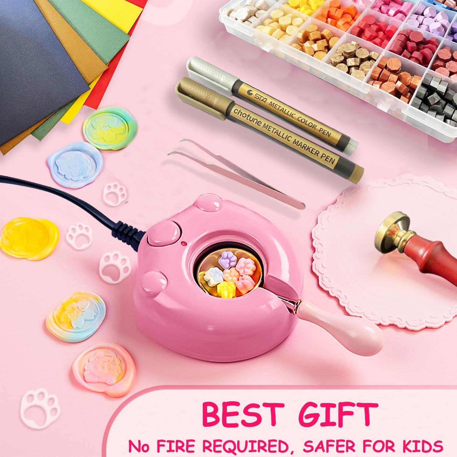 MONVICT 732 Pcs Wax Seal Stamp Kit with Pink Gift Box, Electric Wax Seal Warmer, Sealing Beads, Stamp, Spoon, Pens, Envelopes, Tweezers Gift for Kids Girls Crafter DIY