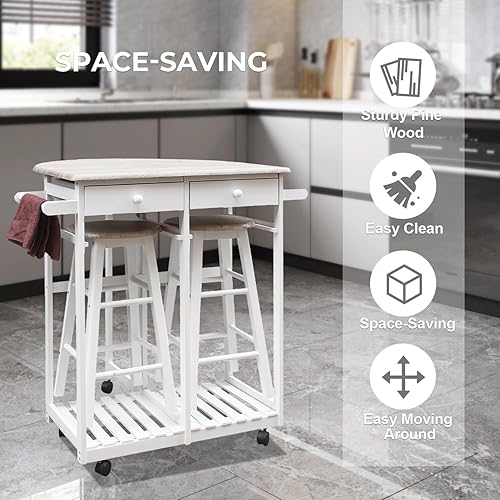 Miniatura 6 de 3 mesas móviles de hojas colgantes para espacios pequeños, carrito de cocina pequeño con 2 taburetes, mesa de comedor plegable con sillas, carrito