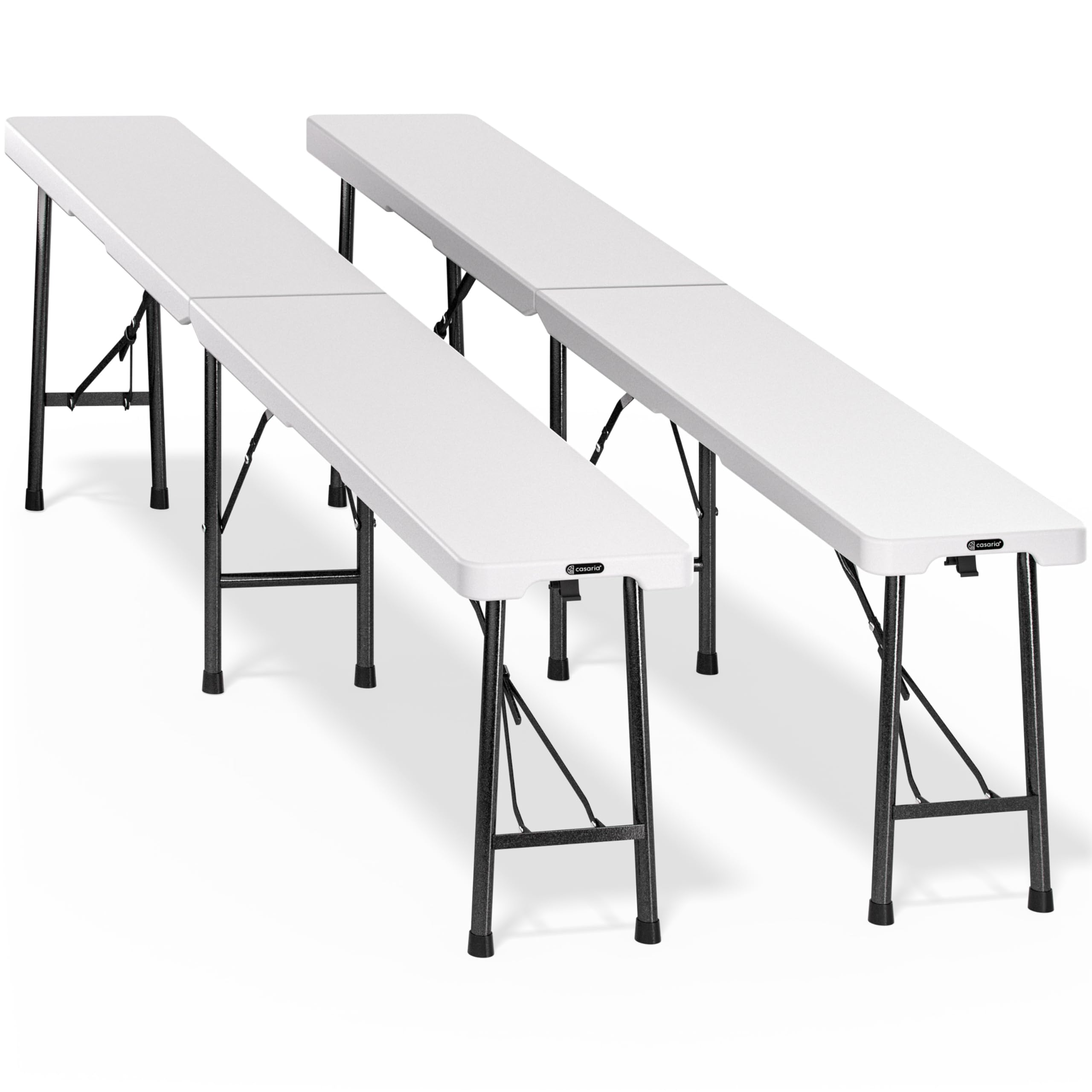CASARIA® 2x Heavy Duty Foldable Plastic Beer Benches | Trestle Bench | Camping Seating | 8 People | Carrying Handle | Folding Suitcase Function | Garden Party Outdoor BBQ | 183x28x44cm | White