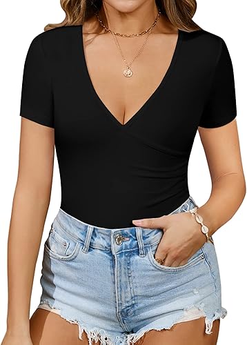 Miniatura 2 de MANGOPOP Body de manga corta para mujer, con cuello en V profundo, cuello en V profundo