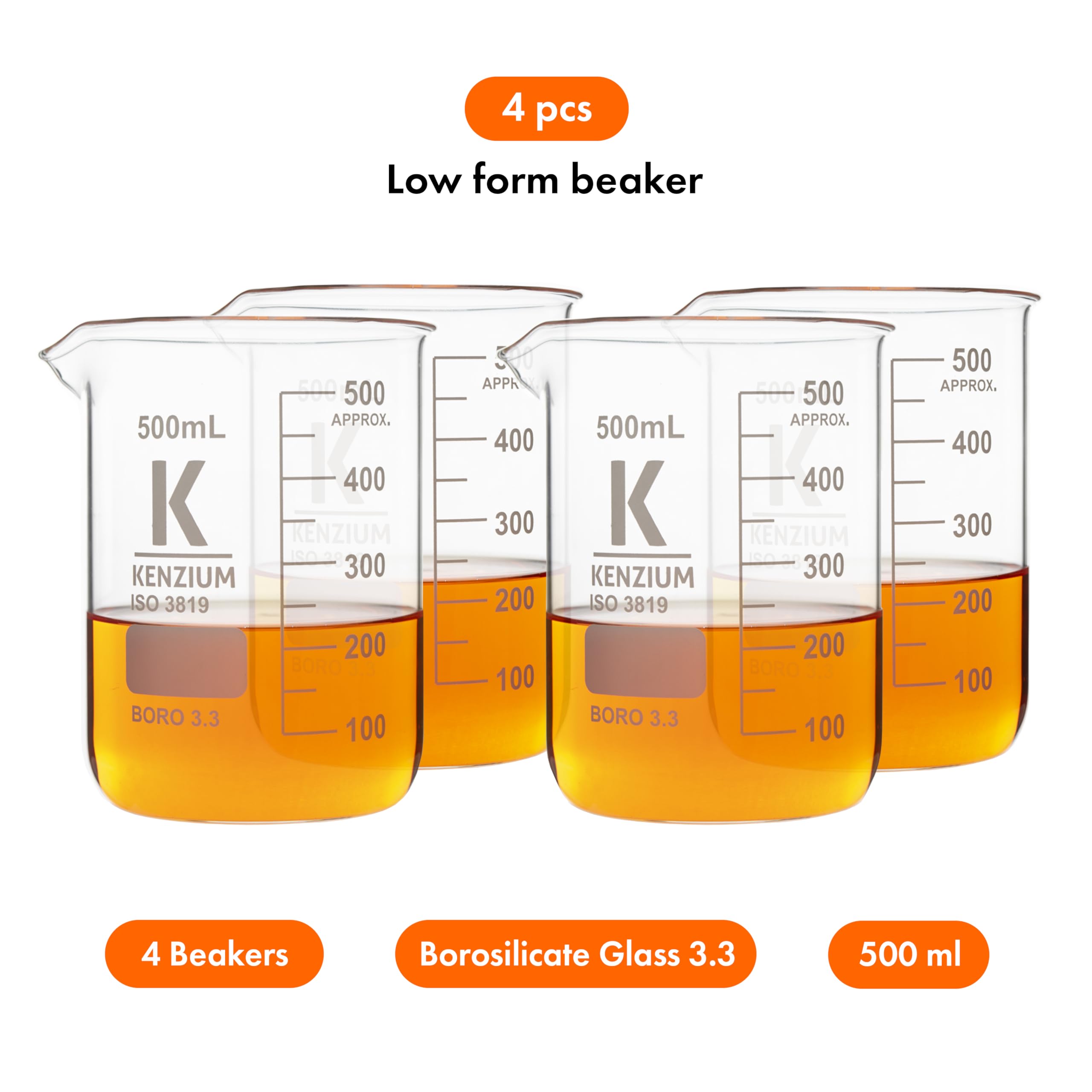 KENZIUM - Pack 4 x Béchers | Volume : 500 ml | Verre Borosilicaté 3.3 | Forme Basse | Gradué, avec Bec Verseur | Pour Tous Types d'Echantillons | Haute Résistance, Autoclavable