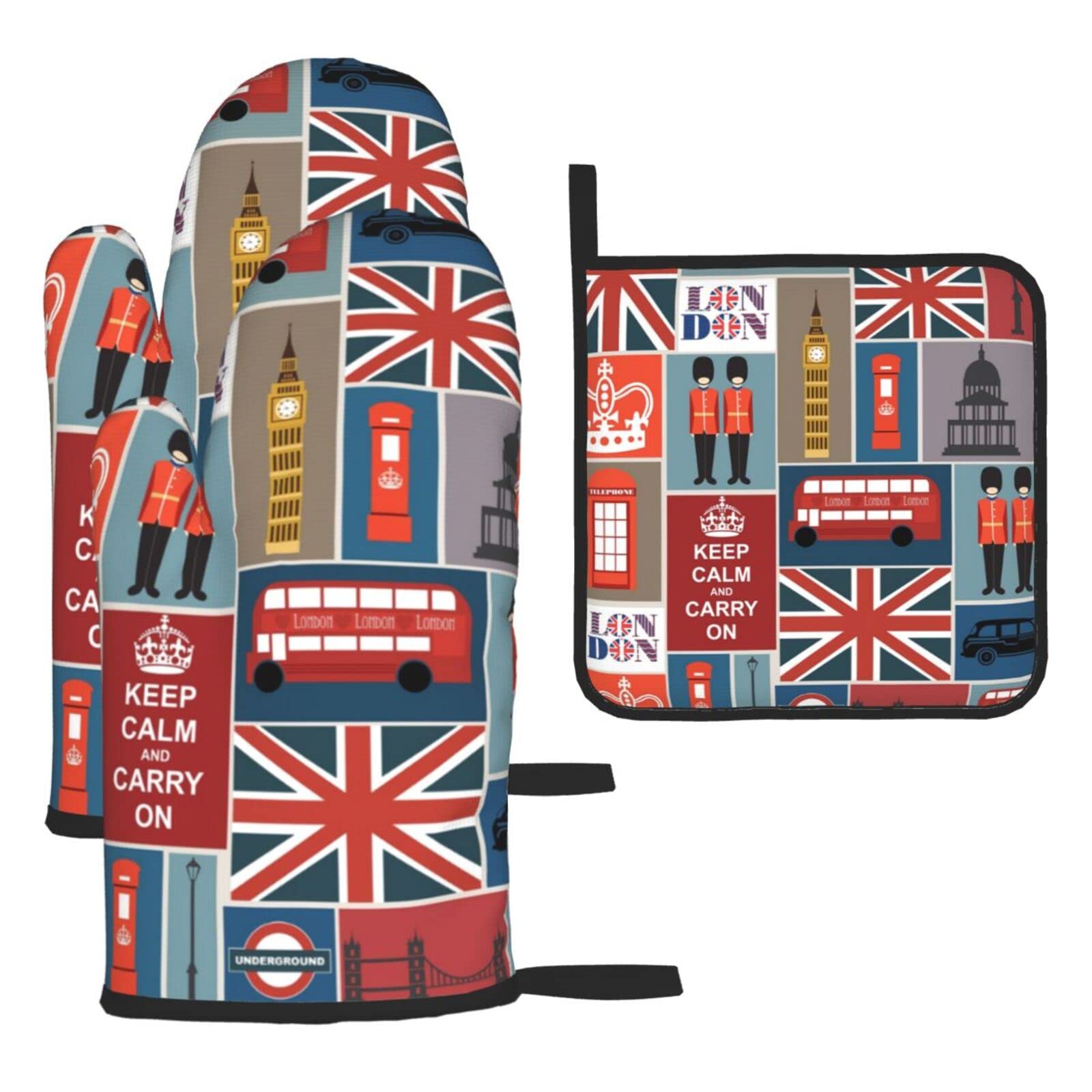 England Symbols Oven Mitts and Pot Holder Kitchen Set for Grilling, Cooking, Baking, Heat Resistant