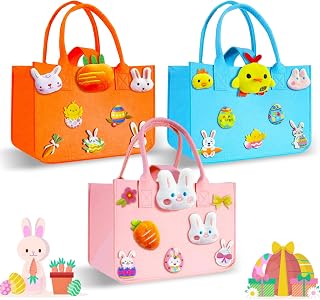 Asekonc 3PCS Easter Basket Easter Bags with Handles Large Easter Gift Bags for Kids Empty Easter Tote Bag Egg Hunt Bags Made of Felt