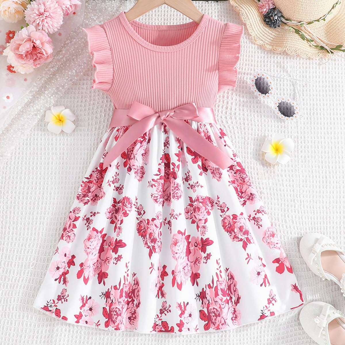 Vestido Princesa Niña Moño Flor Mangas Cortas Patrón Mariposa Fiesta Verano 4-8 años