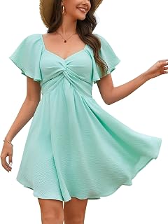 Florboom Women's Sweetheart Knot Front Dress Flutter Sleeve Tie Back A-Line Chiffon Mini Dresses