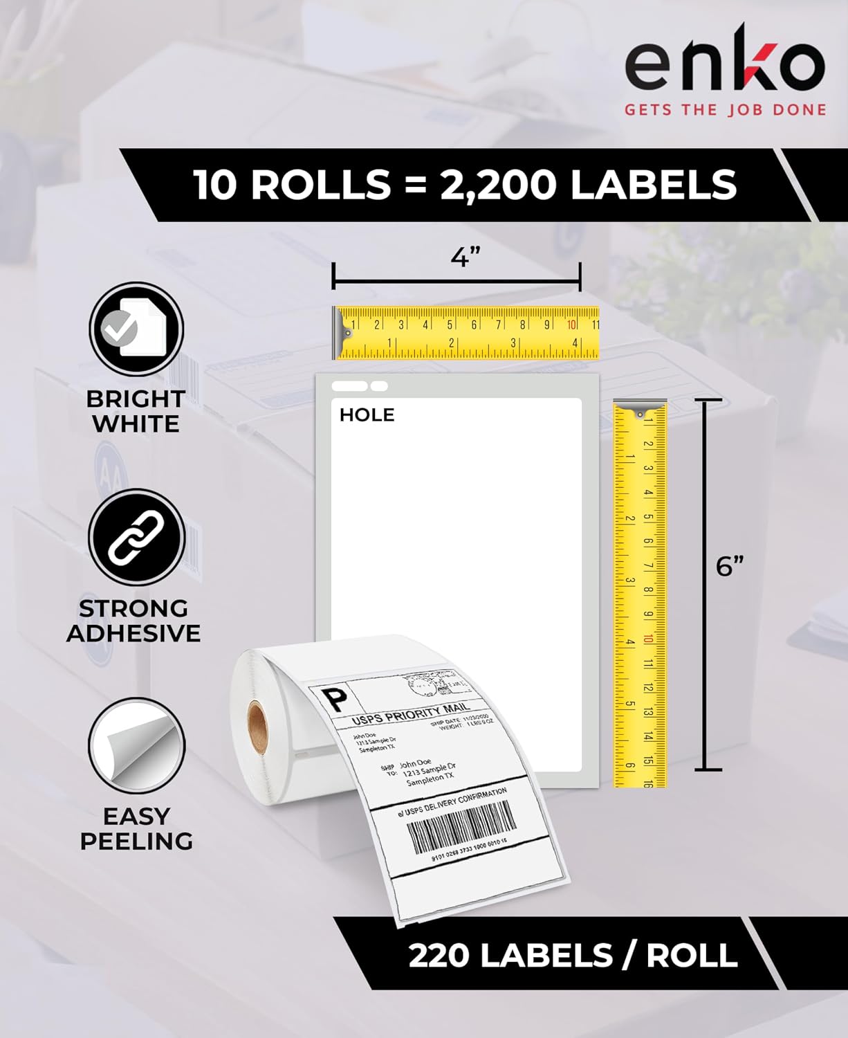 enKo 4 x 6 inches 1744907 Address and Shipping Labels Compatible with Dymo LabelWriter 4XL and Zebra Direct Thermal Printers (10 Rolls, 2,200 Labels)