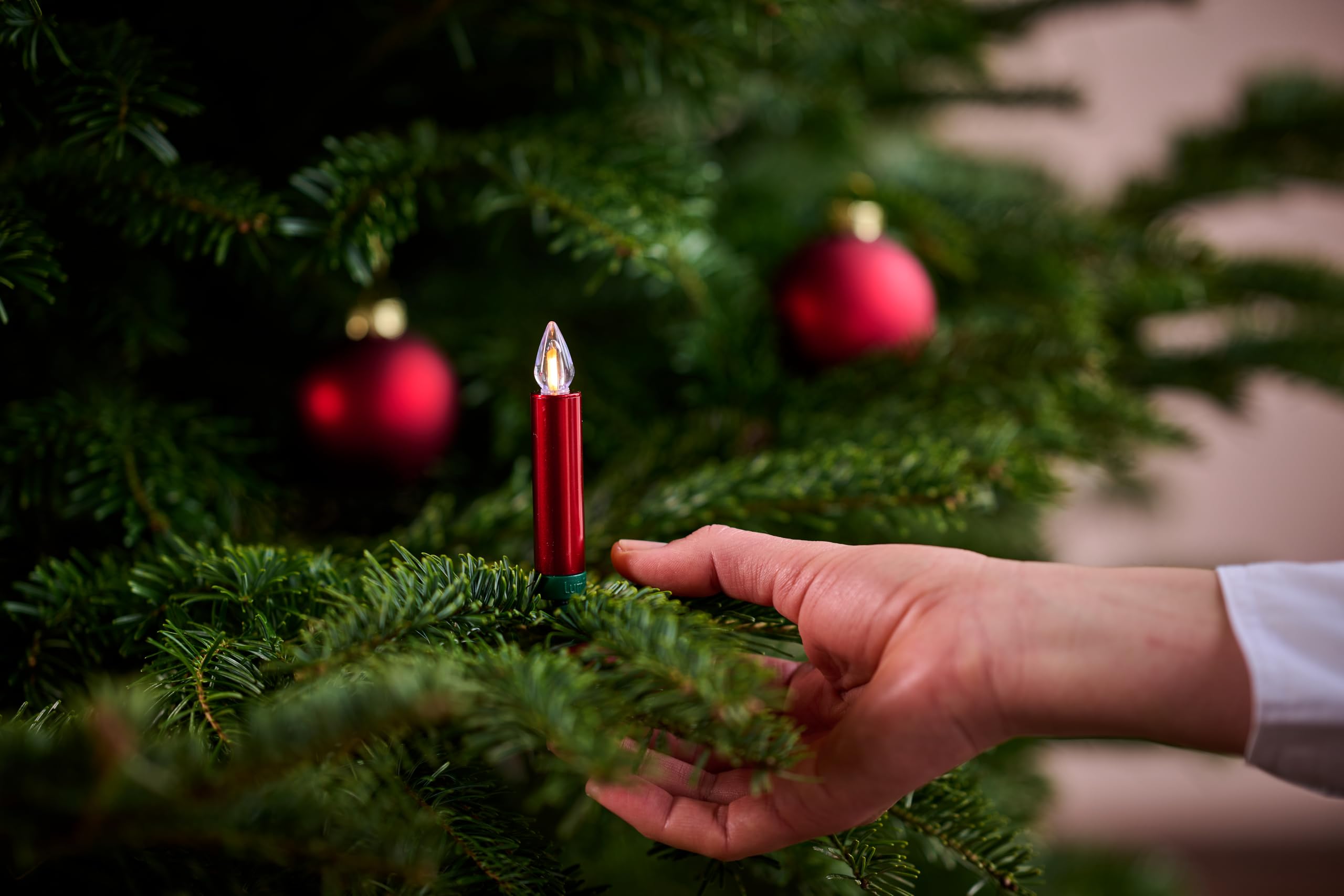 Lumix® kabellose LED Christbaumkerzen Weihnachtsbaumkerzen 12er Basis-Set SuperLight Flame Metallic Mini Rot 9cm warmweiß inkl. Fernbedienung 77146