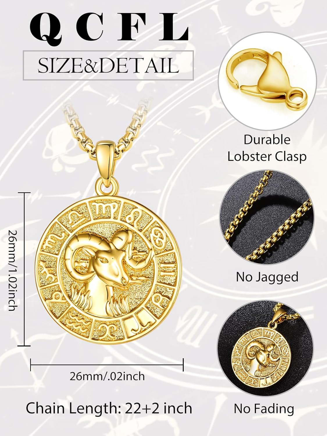 Aries Zodiac Necklace for Men Ram Horoscope Constellation Pendant Medal 14K Gold Aries Pendant Jewelry Zodiac Empowering Birthday Gifts for Him Husband Son Father Dad - Image 2