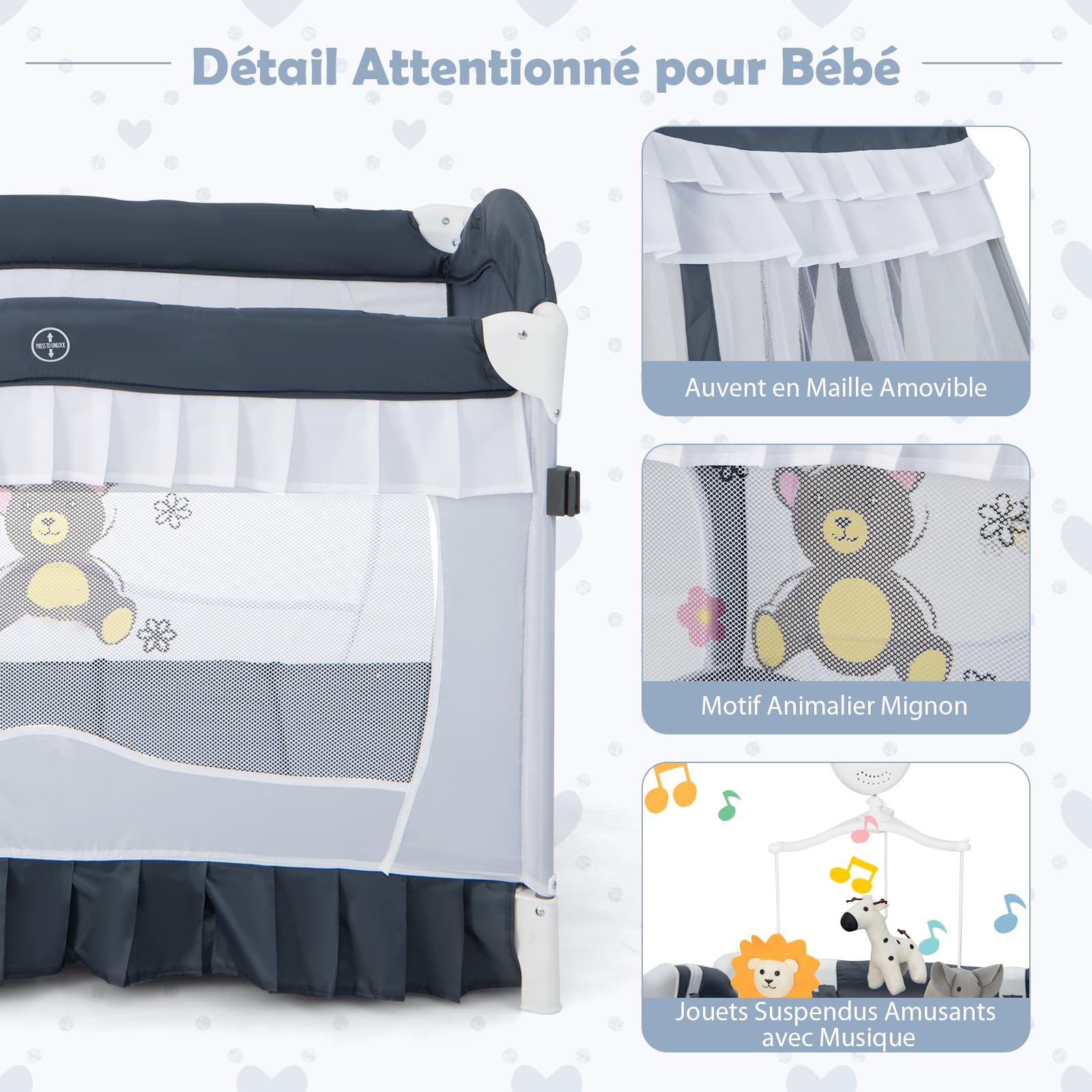 DREAMADE 4 en 1 Lit Parapluie Bébé 117X78X190CM avec Matelas&Moustiquaire,Lit de Voyage Bébé 0-3Ans avec Table à Langer,Roues avec Frein,Jouet Suspendues (Gris)