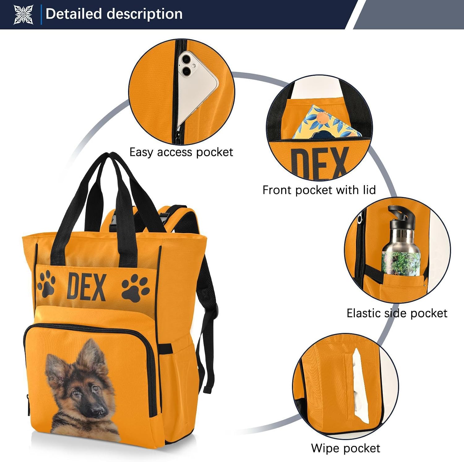 Emelivor Custom Bright Orange Diaper Bag Dog Backpack Multi-Function Diaper Bag Personalized Baby Diaper Bag with Insulated Pockets for Mom Girls Mother's Day