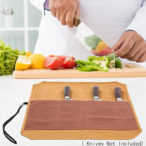 Vista 12 de Kaaltisy Rollo de almacenamiento para cuchillos de chef, bolsa de lona encerada resistente de 16 onzas con 4 ranuras, tela anticorte, camuflaje