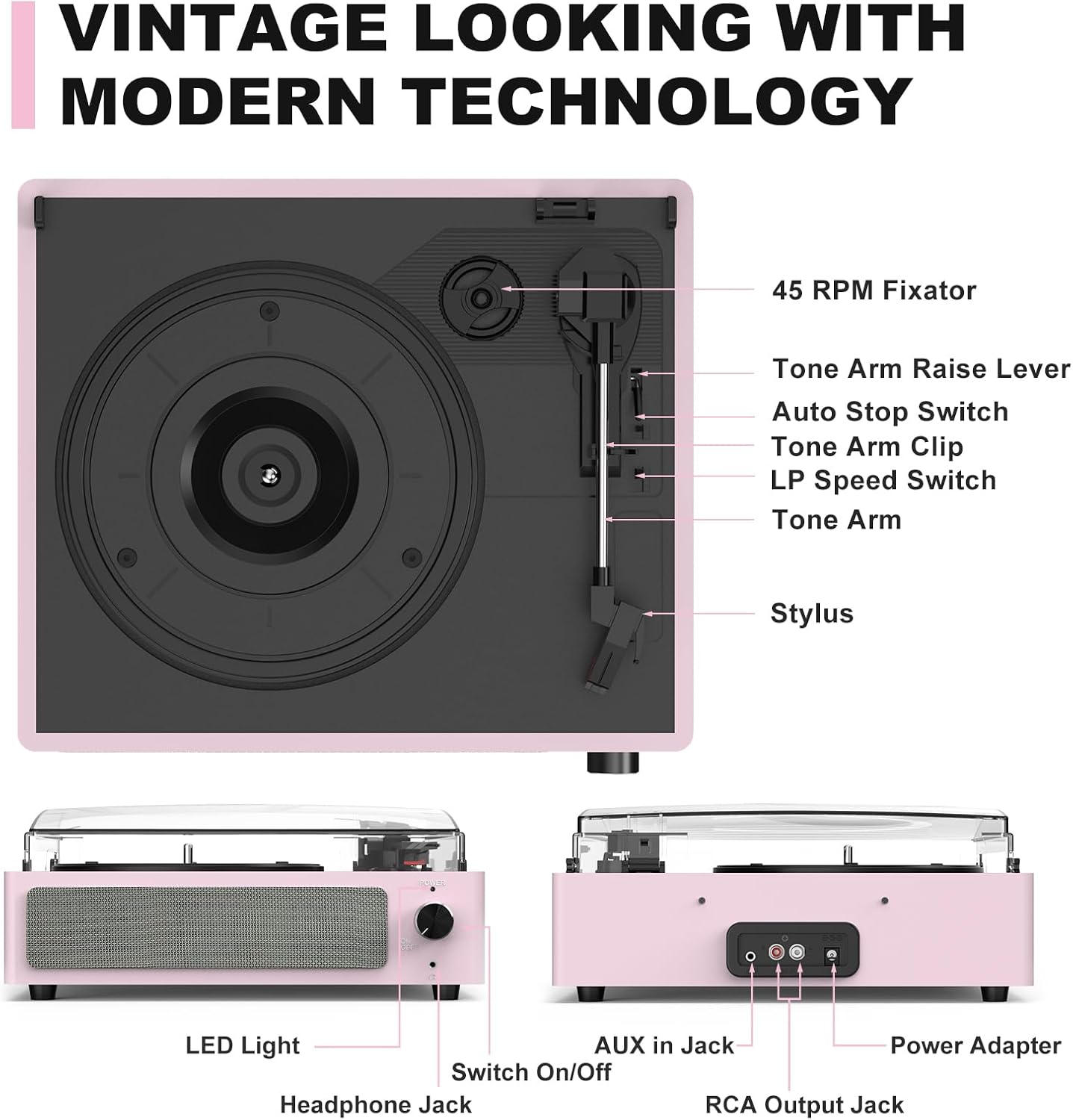Vinyl Record Player with Speakers Turntable for Vinyls Records 3 Speed 3 Size Belt-Driven Wireless Receiver Portable All-in-1 Vinyl Players for Vinyls Auto Stop Headphone AUX RCA Line Out Pale Pink