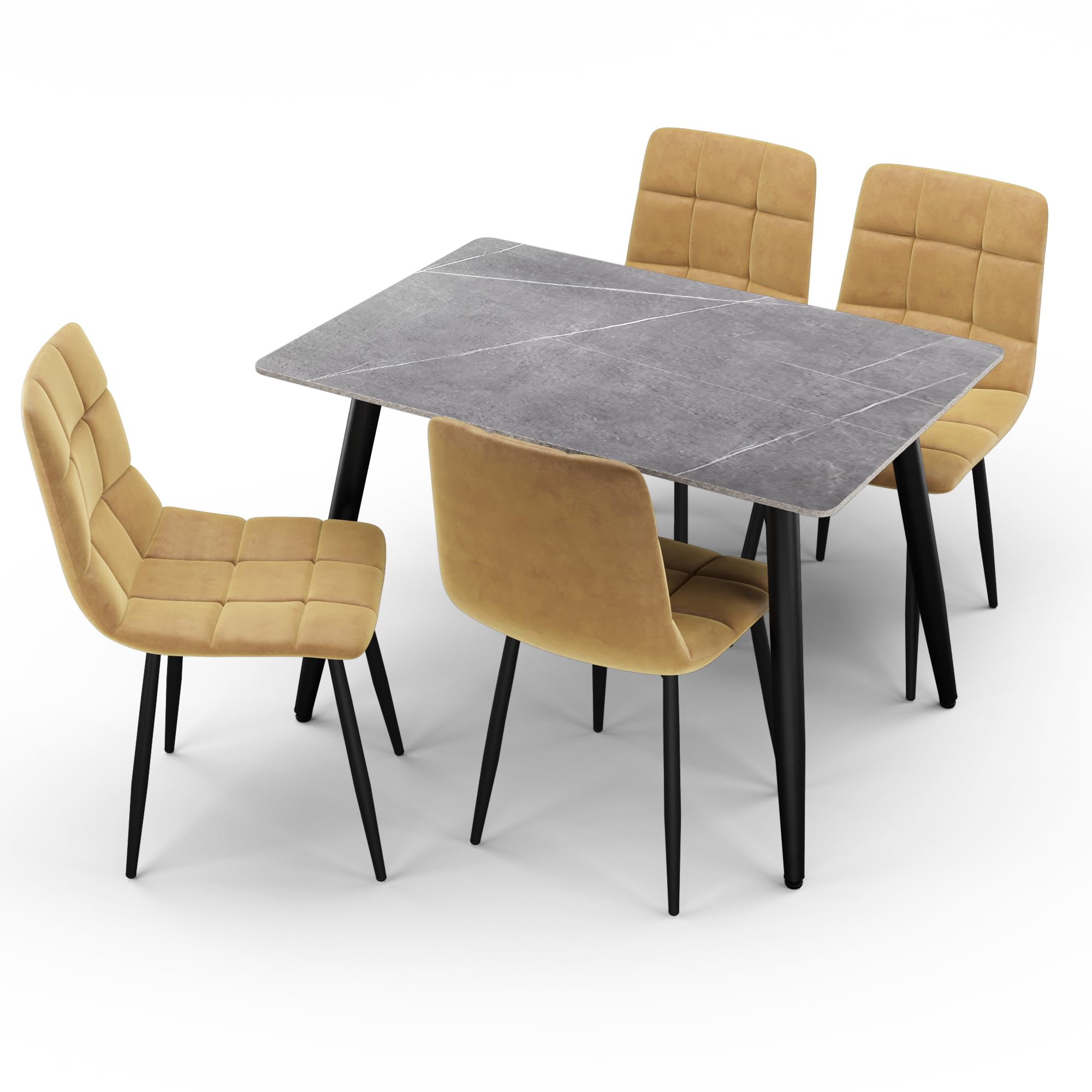 URBNLIVING 120cm Modern Ceramic Top Dining Table & 4 Comfortable Plush Velvet Chairs with Metal Legs Set for Kitchen, Dining Room