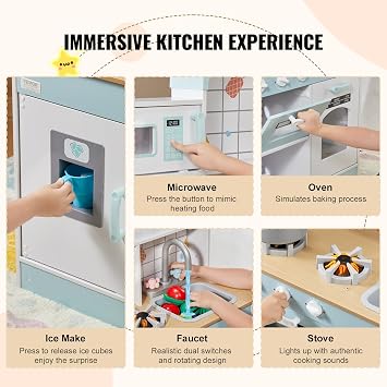 VEVOR Wooden Play Kitchen Toy, Play Kitchen for Kids with Lights and Sounds, Toddler Kitchen with Ice Maker, Oven, Sink, Microwaves, Fridge and Utensil and Fruit Accessory for Toddlers, White
