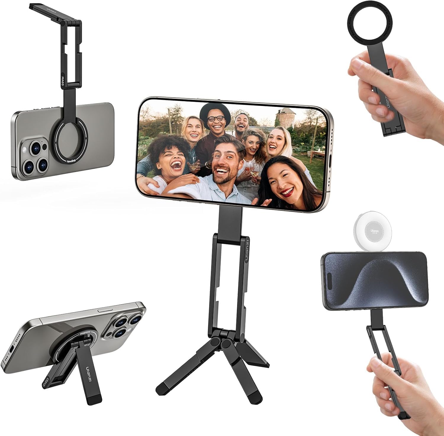 ULANZI MA60 Soporte Magnético para iPhone, Mini Trípode de Aluminio 3 en 1, Soporte Plegable para Teléfono Móvil, Imán Doble de 14N, Compatible con iPhone 17 16, 15, 14, 13, 12 Magsafe, Negro