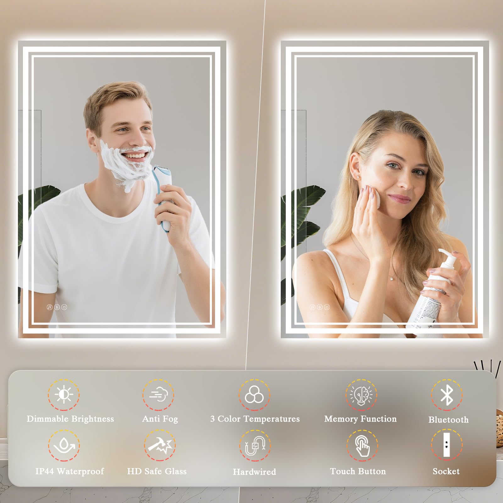 Specchio da bagno con luce a LED: 45 x 60 cm, illuminato a parete, Bluetooth, LED, con presa per rasoio, anti-appannamento, 3 colori, dimmerabile, funzione di memoria, specchio intelligente