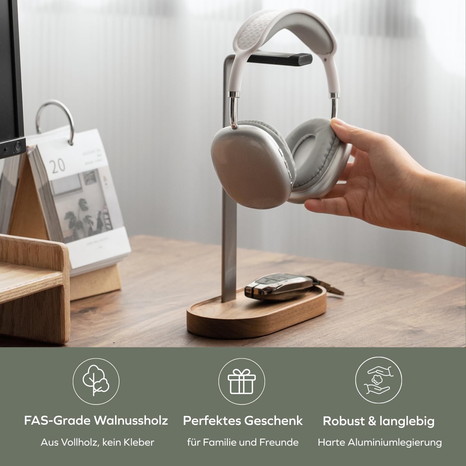 muso wood Kopfhörer Ständer Universal aus Walnussholz und Aluminium Stabil Kopfhörerhalter Kopfhörerständer Gaming Kopfhörer Halter Headset Halterung mit Kabelhalter Holz