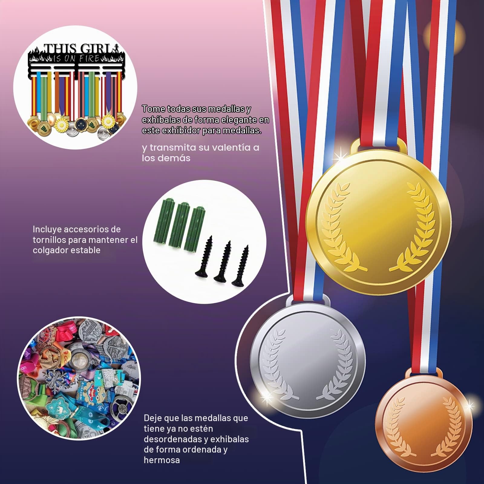 SUPERDANT Running Medalla Portador de Medallas Soporte de Exhibición Montaje En Pared Colgador Decoración Medallero de Running Femenino Colgar Medallas de Maratón Regalos Para Deportistas 40X15CM