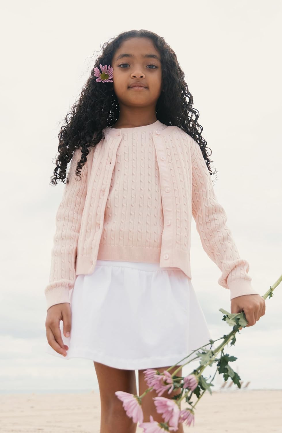 Hope & Henry Girls' Long Sleeve Fancy Cardigan Sweater with Stripe Trim