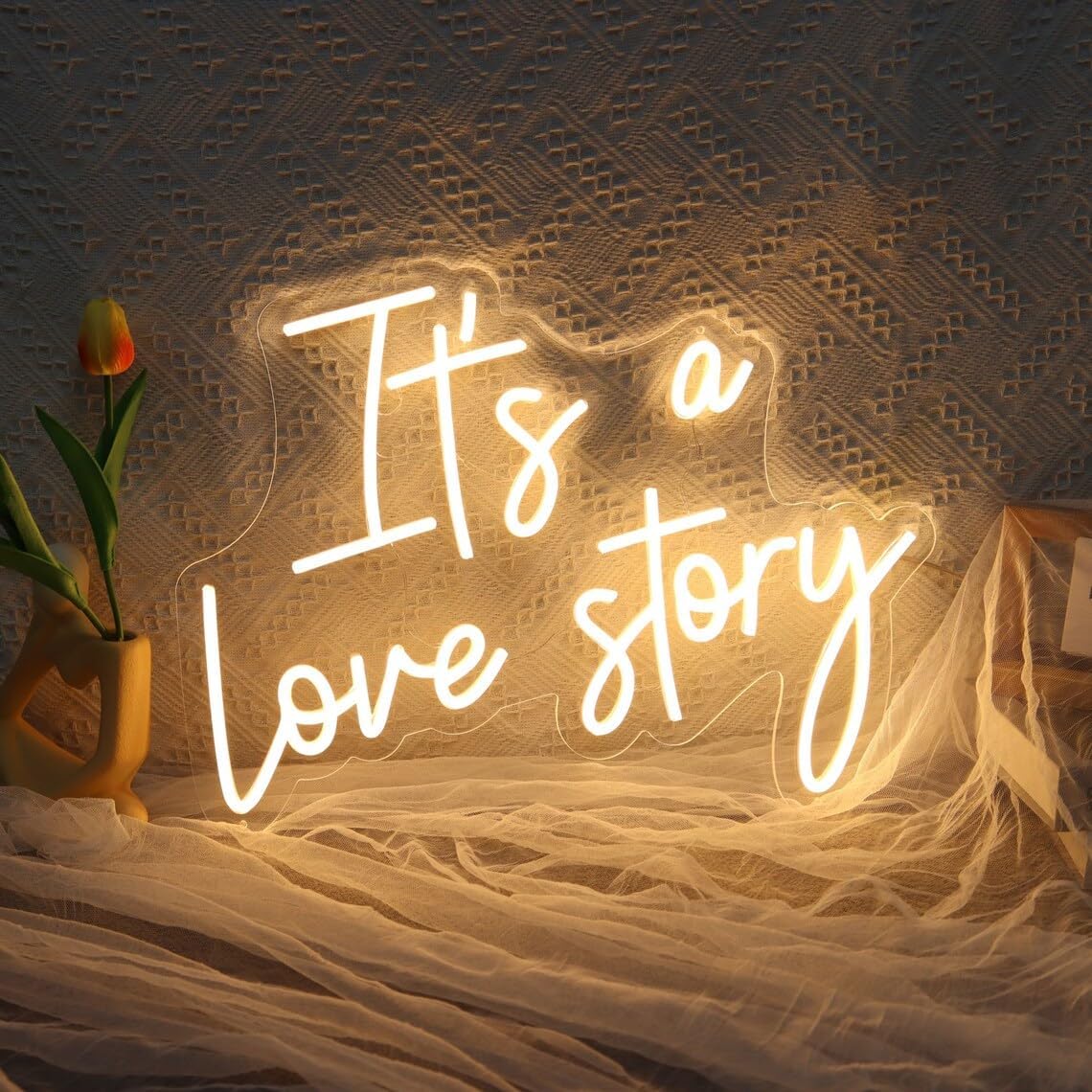 It's a Love Story Neon Signs for Wall Decor, 14.2 * 11 Inches Light Up Sign for Wedding, Engagement Decor,Dimmable Aesthetic Party Birthday Bedroom Bar Pub Club Wall Decor Decorations, INSNEnN