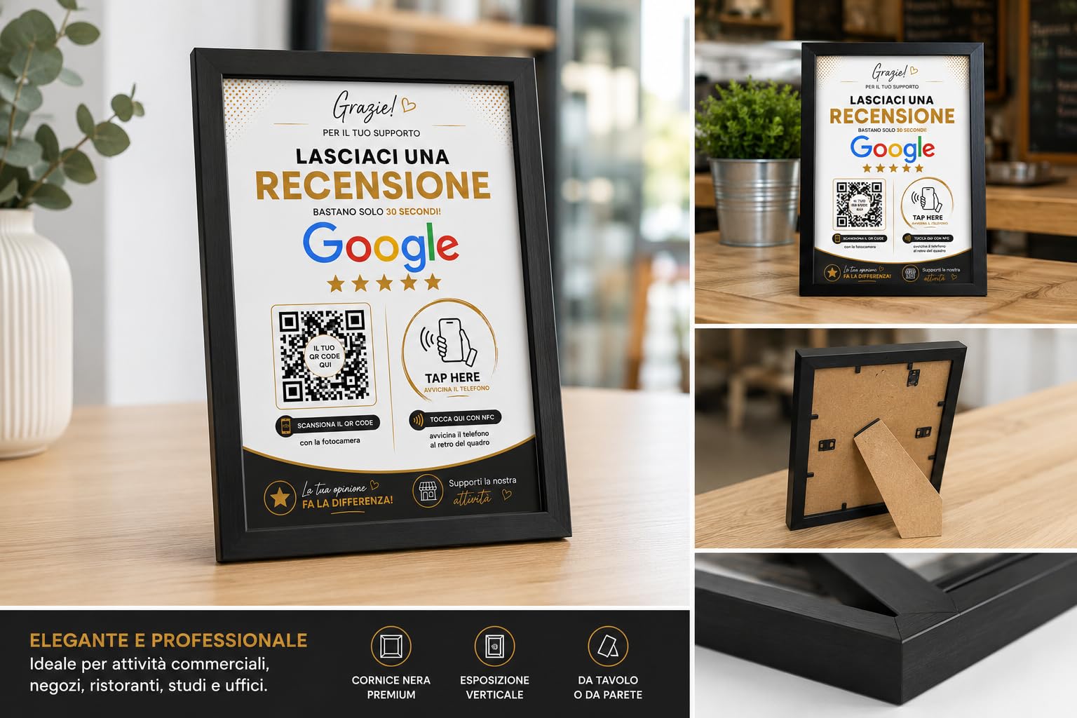 Targa Recensioni Google NFC + QR Code Personalizzata con Cornice 13x18cm | Google Review Stand per Bar Ristoranti Pizzerie Hotel Negozi | Accesso Diretto alle Recensioni