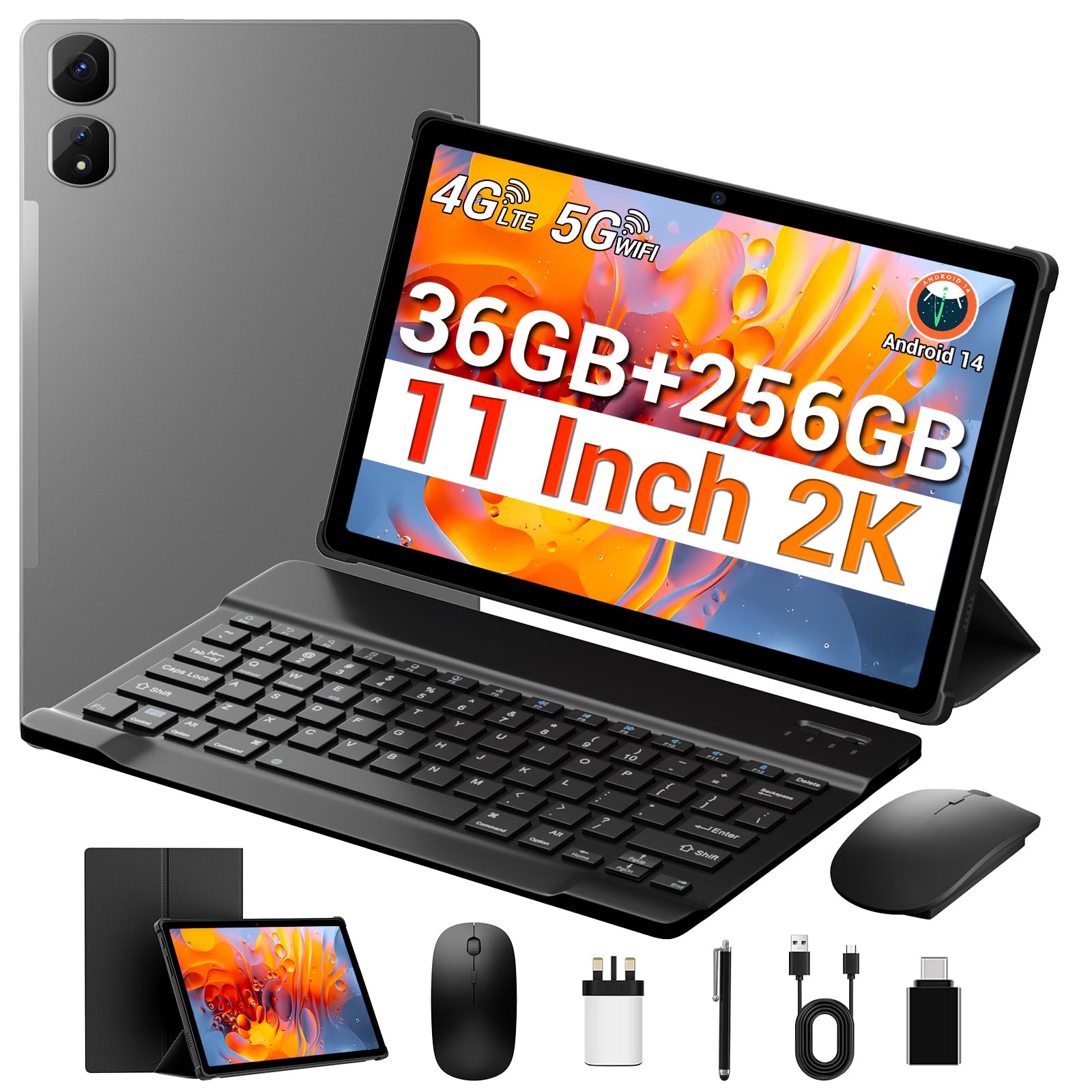 MAXLEGEN Tablet Android 11 Pollici, Schermo 2K IPS FHD(2000x1200), 36GB+256GB/1TB TF, 4G LTE SIM+5G WiFi, Android 14, Octa-Core, 9580mAh, 13MP, GPS, Tablets con Tastiera/Mouse/Penna/Case