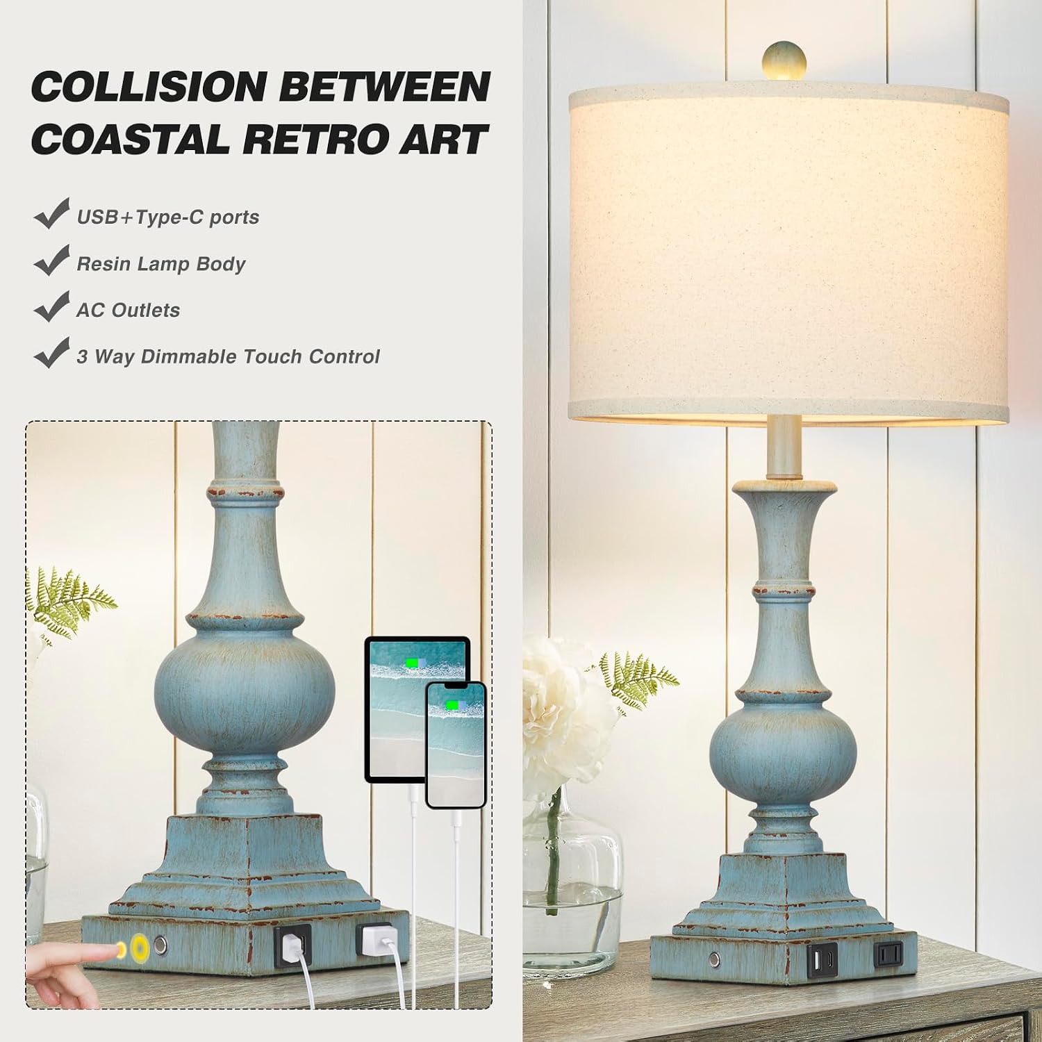 26" Tall Coastal Lamp for Living Room, Farmhouse Ocean Beach Touch Bedside Lamp with USB A/C Charging Ports & AC Outlets,Vintage Boho 3-Way Dimmable Nightstand Lamp for Bedroom Side Table Antique Blue image 5