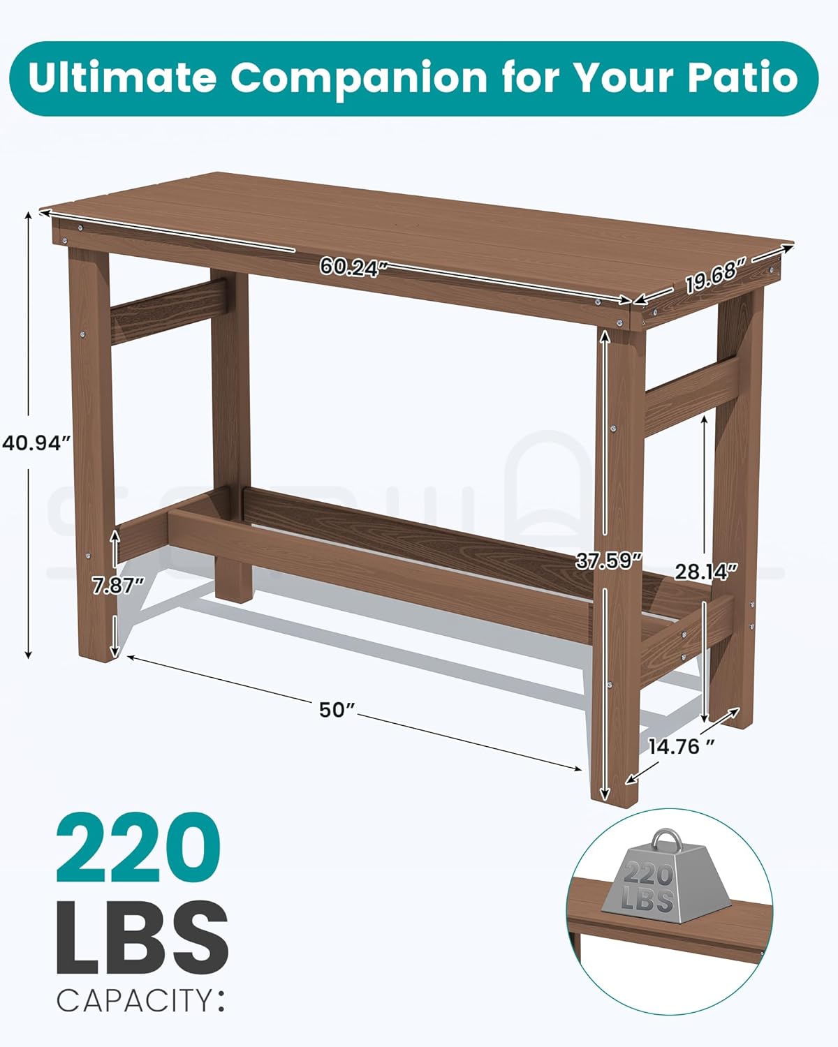 SERWALL 41" Outdoor Bar Table, All Weather HDPE Patio Bar Counter Height Table, Rectangle Patio Bar Table for Outside, Garden, Backyard, Balcony, Poolside, Brown