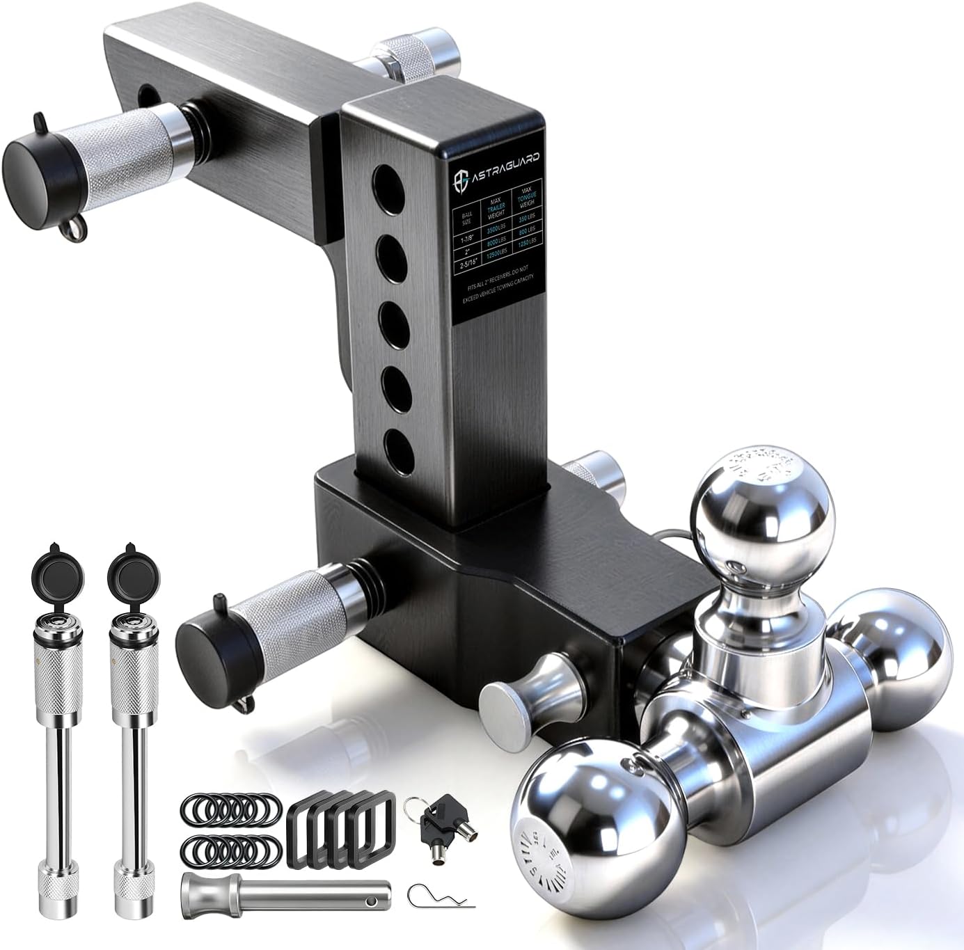 Adjustable Trailer Hitch Fit 2 Inch Receiver, Tri-Ball (1-7/8", 2", 2-5/16") Heavy Duty Aluminum Tow Hitches with 6 Inch Rise/Drop for Truck (12500 LBS GTW)-Weatherproof & Anti-Theft