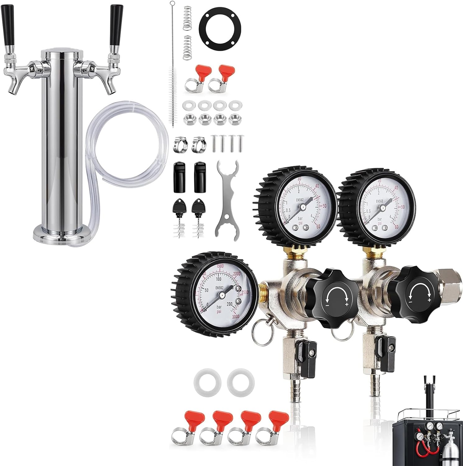 Dual Beer Keg CO2 Regulator for Kegerator and Dual Tap Kegerator Tower Dispenser