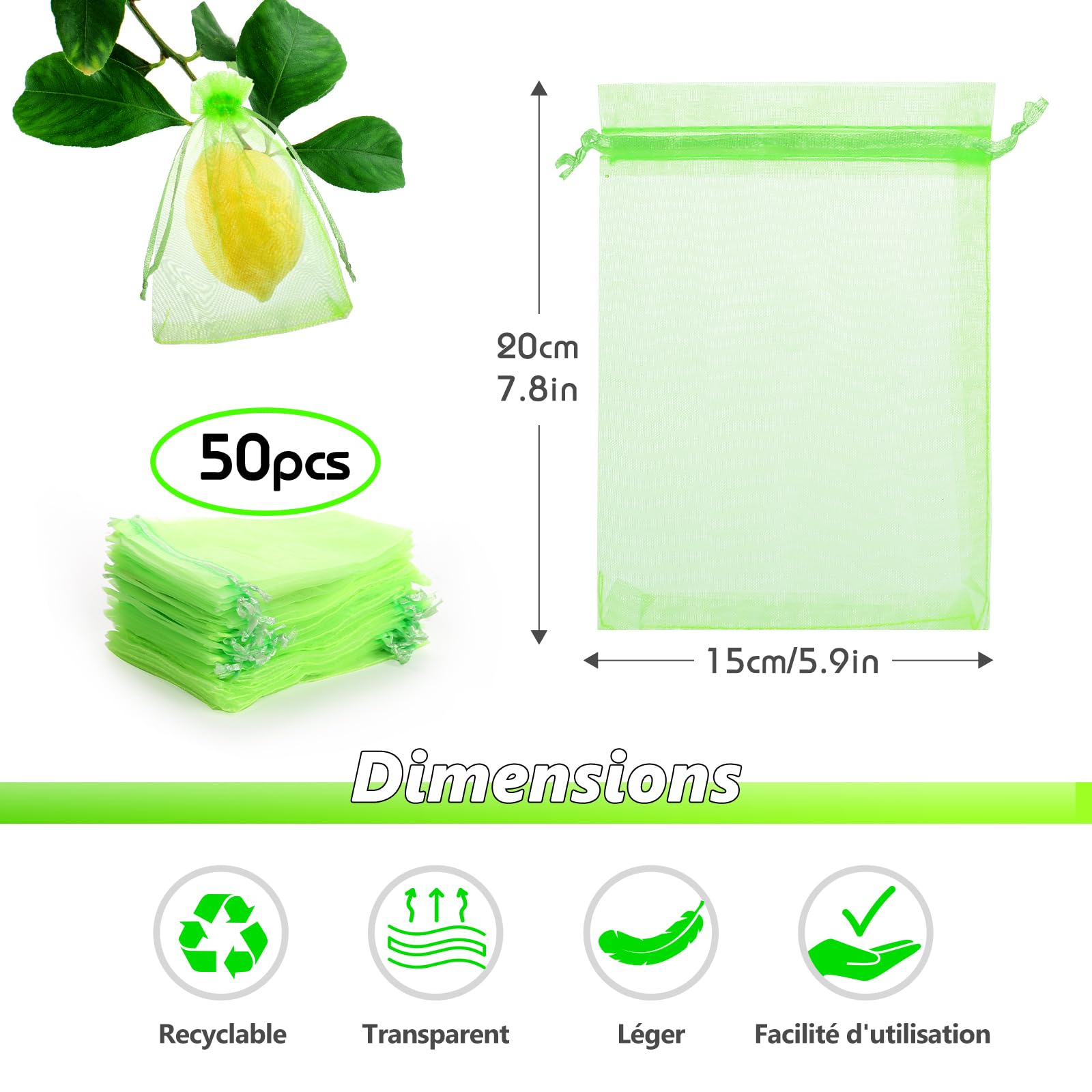 Sac de Raisin Net 15x20cm Filet Anti-Insectes Réutilisable 50pcs Protection Fruits Légumes Jardin