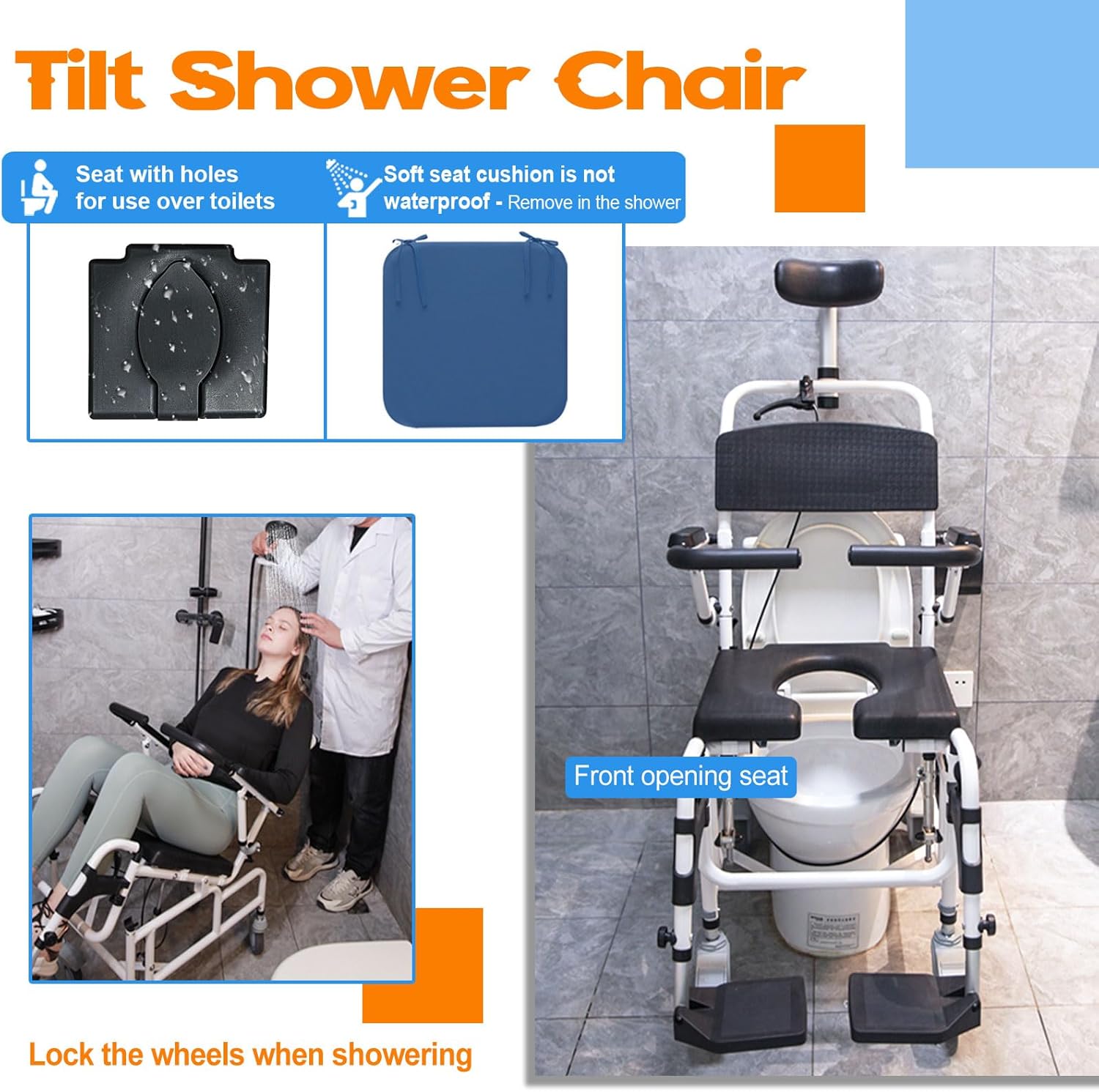 Shower Chair with Soft Cushion, Reclining Shower Chair with Wheels, Tilt 45° Shower Wheelchair with Commode, Adjustable Rolling Shower Chair