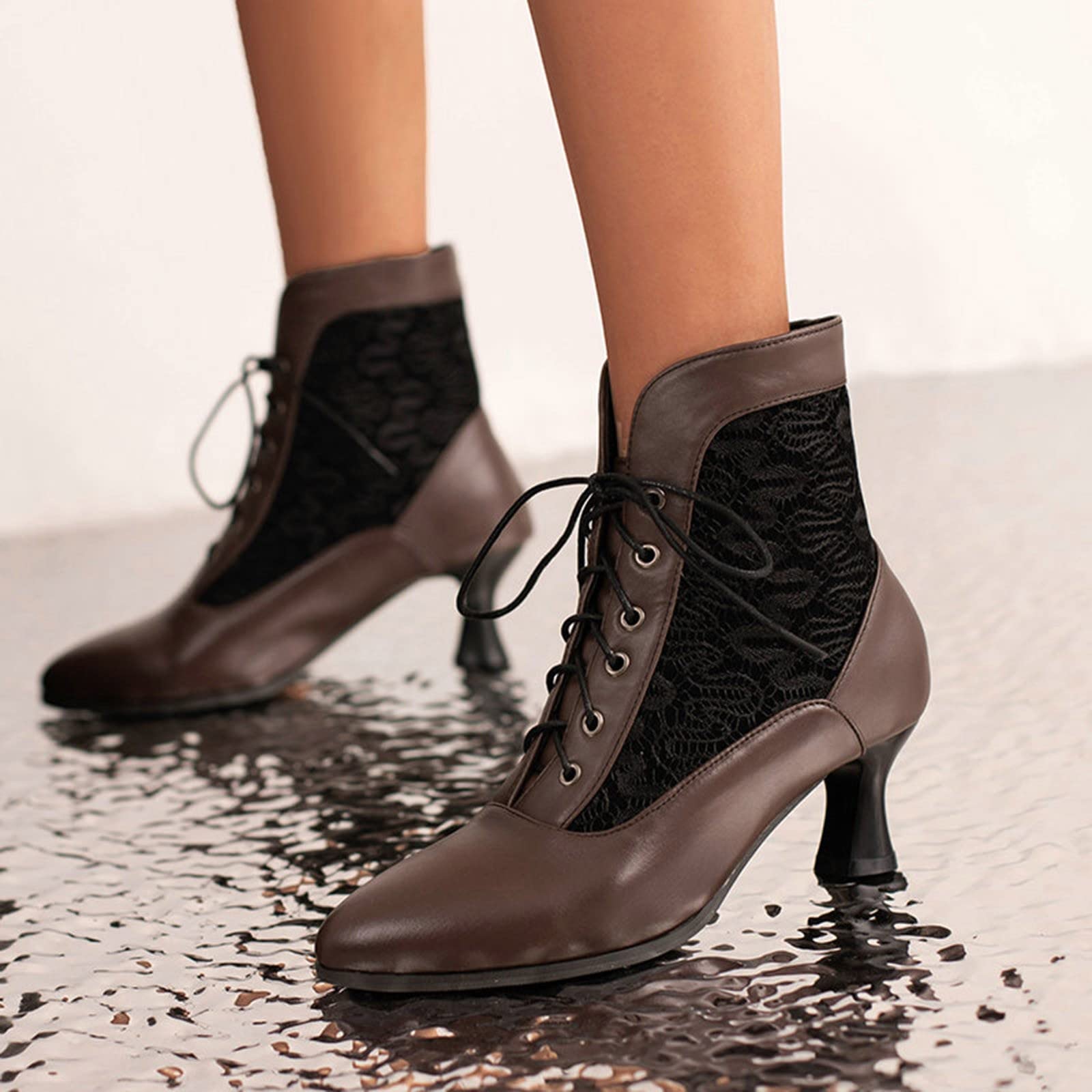 Botines de mujer de invierno elegantes de encaje con puntera hueca cómoda con cordones delanteros