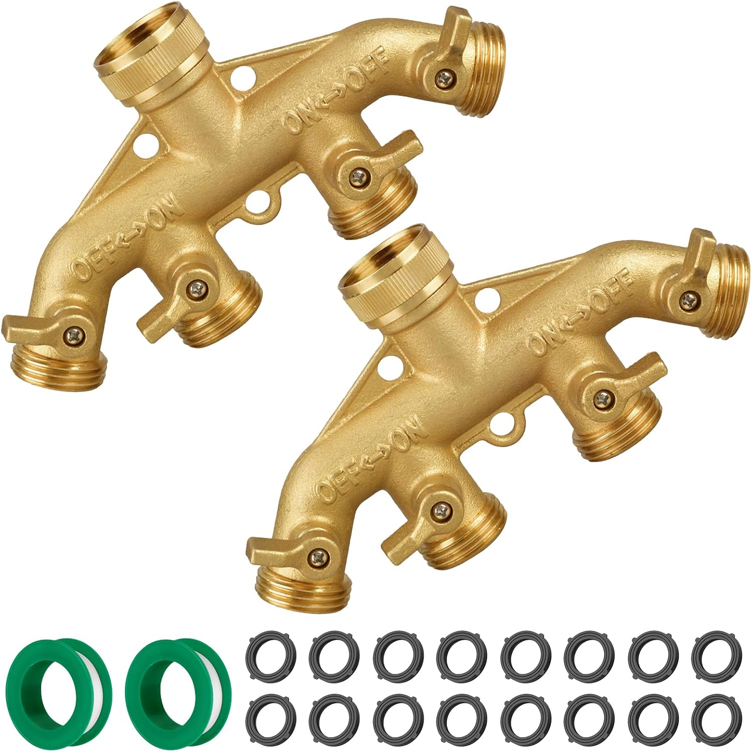 2 Pack Garden Hose Splitter 4 Way, Heavy Duty Brass Hose Connector 3/4