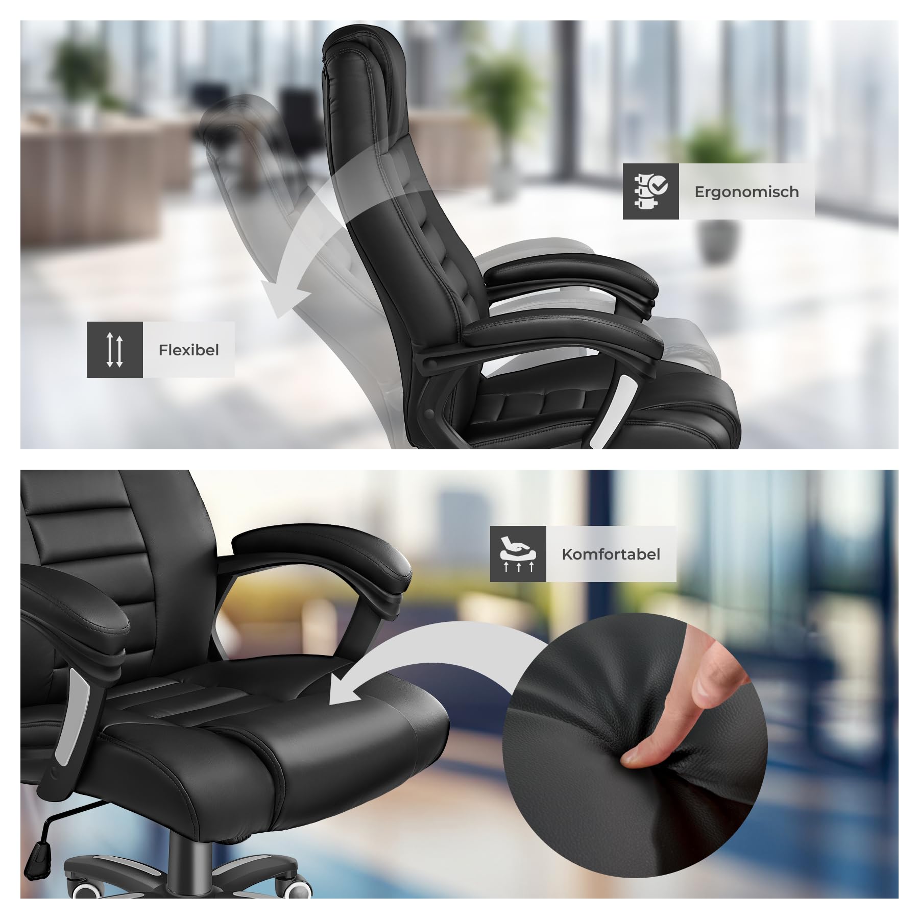 tectake® Bürostuhl, Chefsessel, Drehstuhl mit Rollen, Computerstuhl, höhenverstellbarer Schreibtischstuhl, ergonomischer Bürostuhl aus Kunstleder, Armlehnen & Wippfunktion, 12 cm Polsterung - schwarz