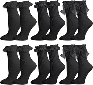 6 Pairs Lace Socks for Women, Lace Socks for Girls, Black Frilly Socks, Elegant Ruffle Design for Casual Wear, Wedding Eve... Price In India