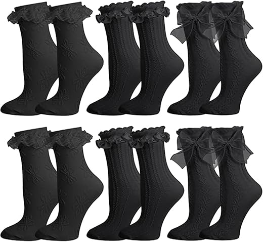 6 Pairs Lace Socks for Women, Lace Socks for Girls, Black Frilly Socks, Elegant Ruffle Design for Casual Wear, Wedding Eve...