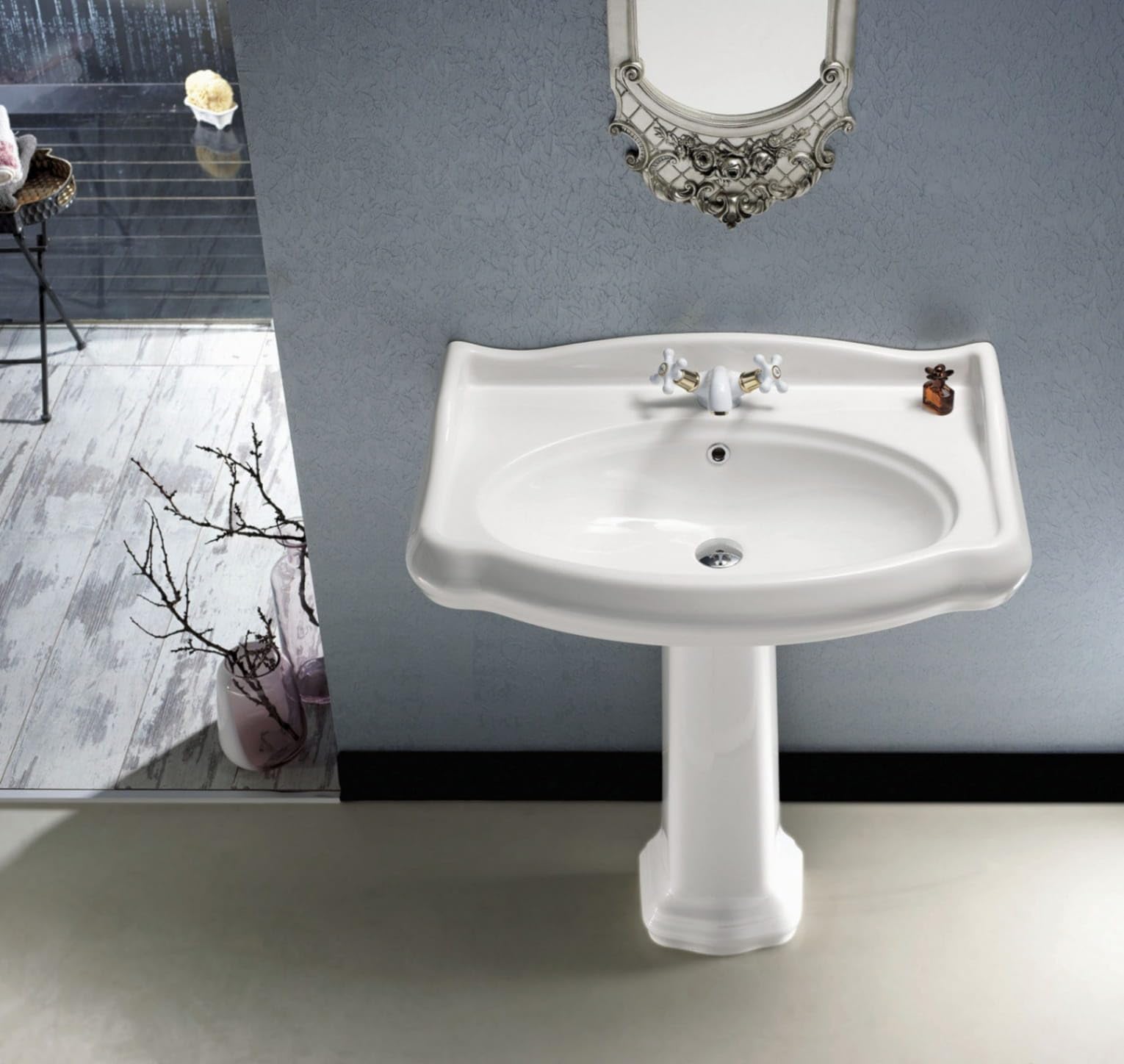 Fregadero de baño de pedestal de cerámica blanca RETRO