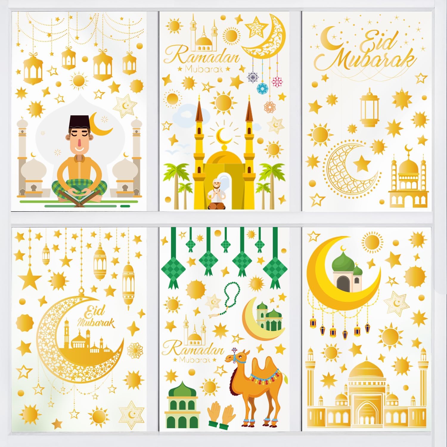 Eid Mubarak Window Clings,9 Sheet Ramadan Kareem Window Stickers,Double-Sided Window Decals for Home Ramadan Eid Mubarak Decor