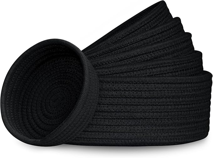 Small Shelf Storage Baskets 6 Pack Round Cotton Rope Bins Decorative Woven Organizer Black
