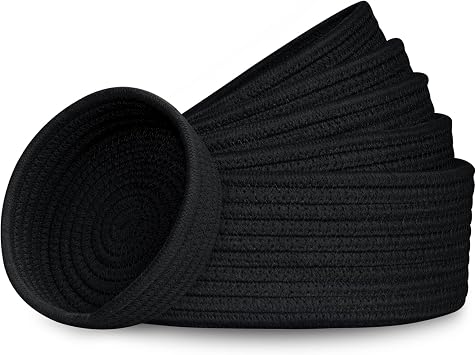 Small Shelf Storage Baskets for Organizing, 6 Pack Round Cotton Rope Bins, Decorative and Cute Woven Baskets for Bedroom and Closet, Key Tray Bowl, Home Decor Countertop Organizer Black
