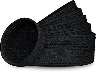 Small Shelf Storage Baskets for Organizing, 6 Pack Round Cotton Rope Bins, Decorative and Cute Woven Baskets for Bedroom and Closet, Key Tray Bowl, Home Decor Countertop Organizer (Black)