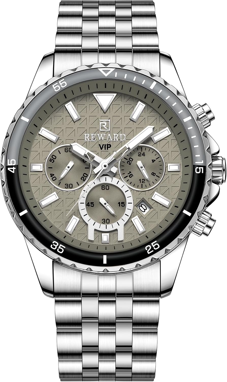 REWARD Men's Wrist Watches Fashion Business Dress Stainless Steel Wristwatch for Men (Chronograph/Waterproof/Luminous/Date) Sport Mens Quartz Watch Black/Silver/Blue/Green