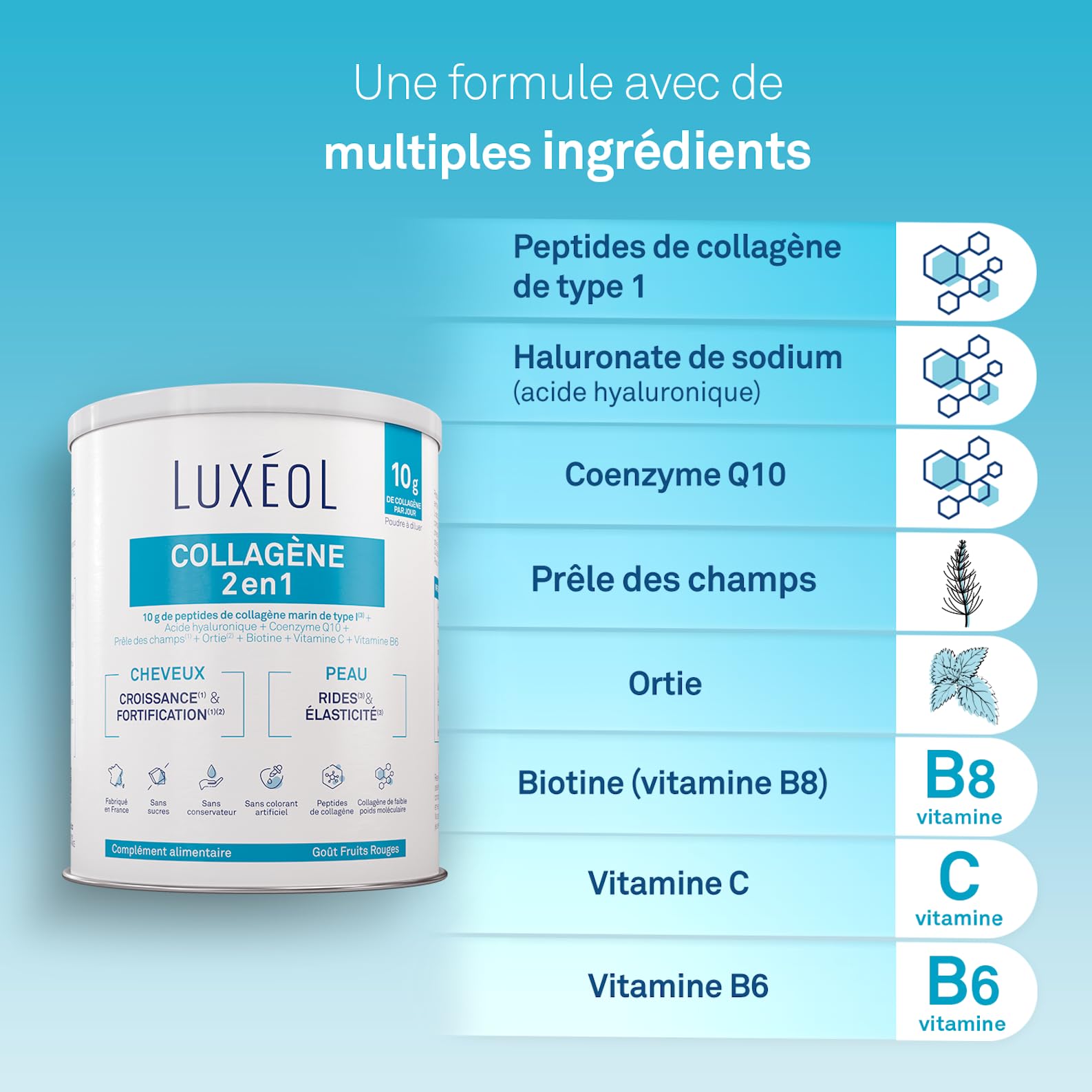 Luxéol - Collagène 2 en 1 - Complément Alimentaire - Croissance(1) & Fortification(1)(2) - Rides(3) & Elasticité(3) - 10 g Collagène Marin Type l + Acide Hyaluronique + coQ10-275 g (Programme 25 j)