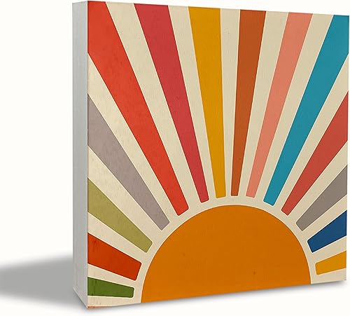 KEUSPI Decoración de escritorio bohemia, retro, bohemio, amanecer, puesta de sol, sol, colorido, rústico, bohemio, bloque de madera, placa de