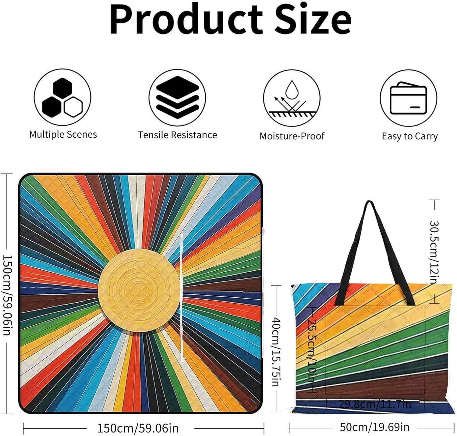 Retro Boho Sun Picnic Blanket 150x150cm, Foldable 2-in-1 Picnic Mat and Tote Bag Portable Waterproof Beach Mat Sandproof Outdoor Blanket for Park, Hiking, Beach, Camping, Travel